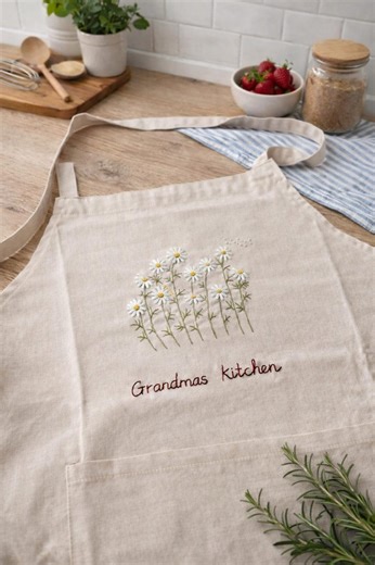 Wild Flower Embroidered Apron - Linen Cotton With Side Pockets - Etsy