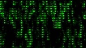 Matrix of green monochrome binary ones and zeros streaming down in a wall of binary code.