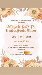 12K views · 146 reactions | Sahabat2 ku tersayang, adik kakak tuan puan budiman.. Silakan untuk membuat pendaftaran ke program2 berikut ya, ada no pendaftaran yg tertera, sebahagian besarnya adalah program yg percuma sahaja, mohon rujuk penganjur program ya. insya Allah utk Selasa, tajuk kita adalah ' Siap Untuk Pulang' dan Khamis adalah tentang fiqh Solat / Solat Khusyuk . Semoga Allah memberkahi pertemuan kita. | Datuk Dr Ustazah Norhafizah Musa | Facebook