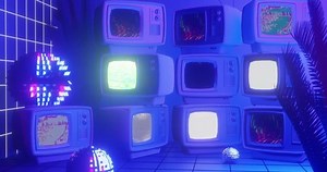 80s Style Retrowave Aesthetic, Vaporwave and Synthwave design motion background with pc or tv glitch effect. Retro Futurism