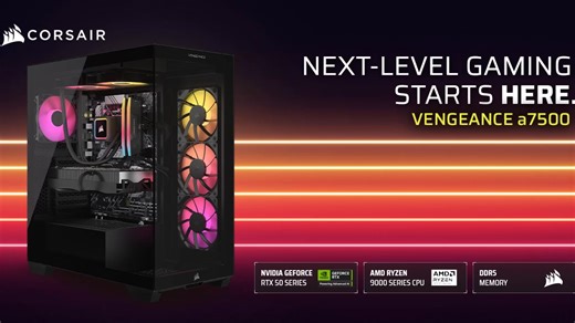 Step up your game with a CORSAIR VENGEANCE a7500 Series Gaming PC, built with a full range of award-winning CORSAIR components, and powered by an AMD Ryzen™ 9000 Series CPU and NVIDIA® GeForce RTX™ 50 Series graphics. | CORSAIR