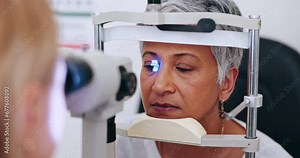 Eye care, laser test and woman in office with doctor to check iris, pupil and sight. Machine for vision exam, light and mature patient in clinic for assessment for glasses, lens or glaucoma treatment