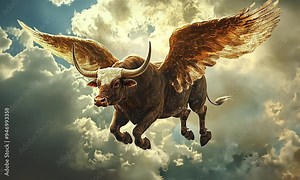 Winged Bull Soaring Through Dramatic Cloudy Sky with ai generated.