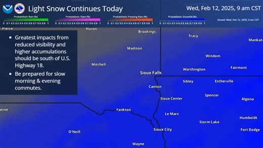 Light snow will continue through this morning, slowly tapering off from the northwest this afternoon & evening. The greatest impacts from reduced visibility (a mile or less at times) & higher amounts (2-3") should be south of U.S. Highway 18. Be prepared for slower commutes! | US National Weather Service Sioux Falls South Dakota