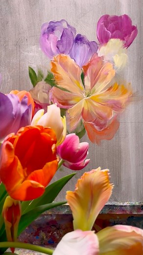 Tulip Season 16”x20”, the beginning. Acrylic on wood that has been gessoed and toned brown. Created in 2023. Part two to come. #acrylicpainting #tulippainting #acrylicart | Alissa Kari Arts