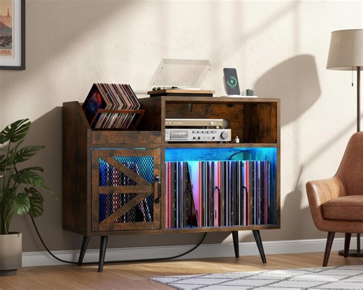 Record Player Stand with Vinyl Storage, Turntable Table with Shelves, Record Storage Cabinet with LED Lights Power Outlet