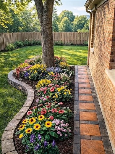 From plain grass to a blooming masterpiece 🌿✨ A simple backyard tree turned into a vibrant flower showcase with curved stone edging, fresh mulch, and a clean brick pathway. Small upgrade. Massive visual impact. #gardenmakeover #landscapetransformation #flowerbeddesign #backyardinspo #curbappeal