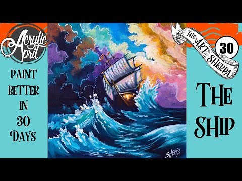Ship in Storm Daily Painting Step by step Acrylic Tutorials Day 30 #AcrylicApril2020