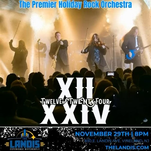 The Landis on Instagram: "🎄 THIS SATURDAY! Kick off the holidays with TWELVE24 – the Premier Holiday Rock Orchestra at The Landis Theatre! 🎸 The full Trans-Siberian Orchestra experience (lasers, pyro, snow, strings & rock!) at a price you’ll love. Saturday, Nov 29 Doors 7pm | Show 8pm The Landis Theatre 830 E. Landis Ave, Vineland, NJ 08360 Tickets $25–$35 → TheLandis.com We’re collecting for TOYS FOR TOTS – bring an unwrapped toy or donation! WIN a rare TSO vinyl record! Sign up for our maili