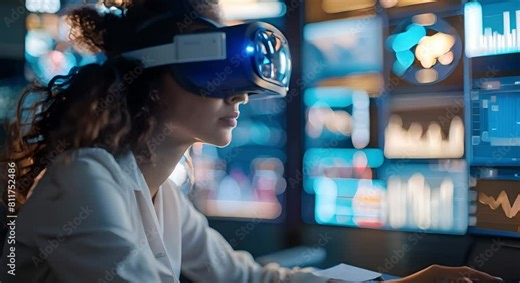 Woman working in office at night with VR headset and AR screens. Concept Office Environment, Virtual Reality Technology, Augmented Reality Screens, Woman at Work, Night Time Setting