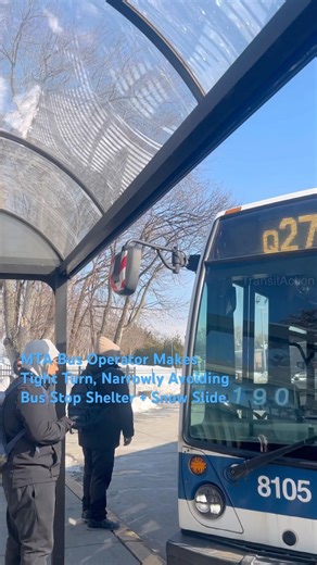 MTA Bus Operator Makes Tight Turn, Narrowly Avoiding Bus Stop Shelter + Snow Slide #shorts