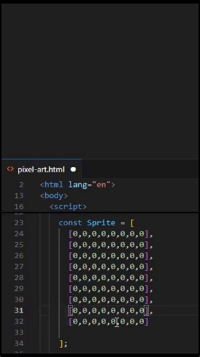 JavaScript Pixel Art 🌳 I just built a pixel art tree using JavaScript and HTML Canvas! Each number in the array corresponds to a specific color. Color palette mapping: 1 = Leaves (Green) 2 = Highlights (Light Green) 3 = Trunk (Brown) #Proj3ctAdam #GameDev #JavaScript #Programming #Developer #Coding #PixelArt #TechReels | Makasiar Adam