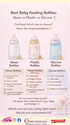 Best Baby Feeding Bottles: Glass vs Plastic vs Silicone 🍼🤍 Confused which one to choose? Here’s the simple breakdown 👇 It’s not about “best overall.” It’s about what works best for your baby and lifestyle 💛 ⸻ When choosing a baby feeding bottle, parents often ask: Should I go glass? Is plastic unsafe? Is silicone better? Here’s what you should know 🤍 🍼 Glass Bottles ✔ Chemical-free material ✔ Easy to clean ✔ Doesn’t absorb odor or stains ⚠ Heavier ⚠ Can break if dropped (unless protected) 