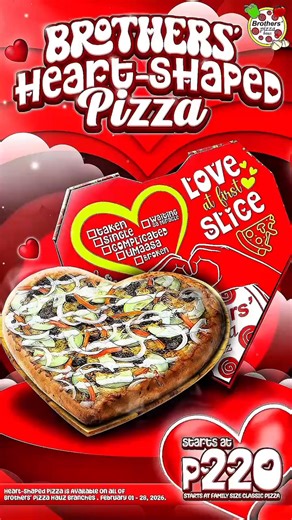 Wow Magic! 🫣🪄 Introducing Brothers’ Heart-Shaped Pizza, specially made to turn simple moments into unforgettable memories. 💞💖 ✅ Available now! For ALL of our pizza flavors, so you can choose your favorite and turn it heart-shaped! 🗓 Available for limited time only; Feb 01 – 28, 2026. Perfect for: 💑 Date nights 🎁 Valentine surprises 👨‍👩‍👧‍👦 Family bonding 💖 Self-love moments #Brotherspizzahauz #BrothersPizza #Pizza #PizzaParty #Pizzadelivery #Delivery #Pasta #Spaghetti #Lasagna #Baked