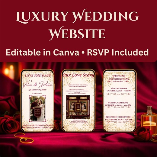 Ivory Burgundy Wedding Website Template | Editable Canva Invitation (digital Download) - Etsy