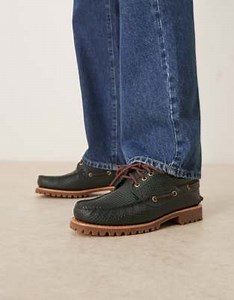 Timberland Authentic - Chaussures bateau classiques à 3 paires d'œillets en cuir tissé - Vert | ASOS