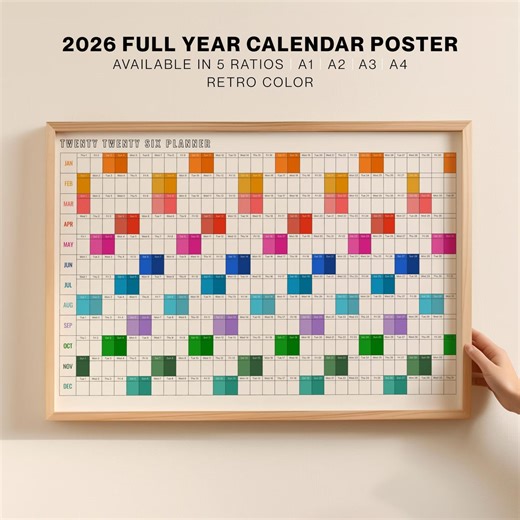 Retro 2026 Calendar Printable 2026 Horizontal Full Year Wall Calendar Colorful Monthly Planner Perpetual Yearly Calendar Digital Download. - Etsy