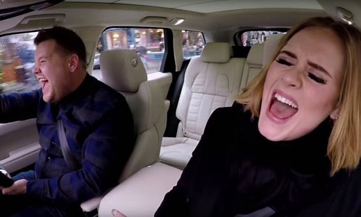 Adele praises James Corden’s harmonies in carpool duet – video