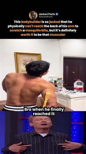 This bodybuilder is so jacked that he physically can't reach the back of his arm to scratch