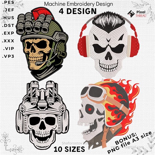Skull Embroidery Designs Bundle – Military, DJ, Biker Styles (digital Download) - Etsy