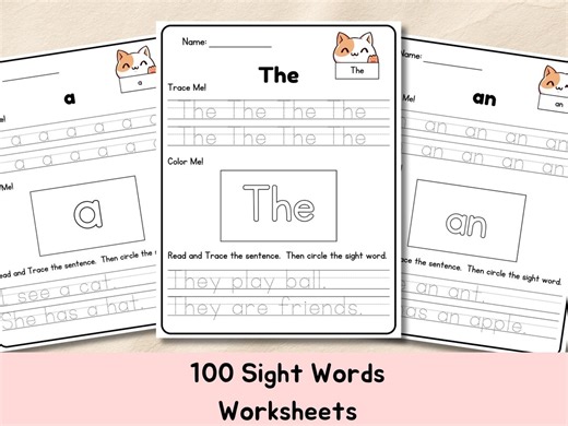 100 Sight Word Worksheets, 1st Grade Fry’s First 100 Sight Words, Kindergarten Word Reading, Tracing, Coloring, Writing & Spelling Practice. - Etsy