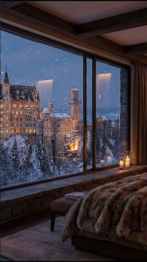 4K 2 HOURS Cozy Winter Castle Ambience ❄️Fireplace, Snowfall & Fairytale Castle View | Sleep / Relax
