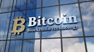 Bitcoin Blockchain technology on glass building. Mirrored sky and city on modern facade. Cyber business, e-market, cryptocurrency, virtual money and digital finance concept in 3D rendering animation.