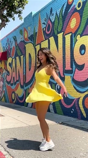 #DreamTrackAI model dancing in america city road cheerfully