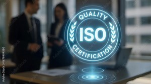 Two professionals in suits review a quality control certification hologram.