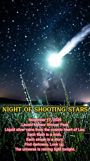 NOVEMBER 17, 2025 — NIGHT OF SHOOTING STARS Look up: tonight the sky dissolves in silver streaks, as the Leonids rain down cosmic fire from the heart of the constellation Leo. Every November, Earth dives through the ancient trail of Comet Tempel-Tuttle — and this time, the heavens will ignite. The Leonid meteor shower reaches its spectacular peak tonight, with meteors flashing across the darkness at rates far beyond ordinary. When Leo rises above the horizon, the number of visible meteors climbs