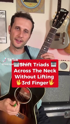 Here’s an easy way to move across the neck horizontally while playing triads. There’s no need to lift up your third finger. Less movement means more efficiency! If you like what you see, feel free to click on my bio link and join my guitar community! Or type “Learn Guitar” in comment section and I’ll DM you a link with more info!🎸🎸🎸 #guitarlesson #triads #guitartips #guitartriads #fyp #guitartok