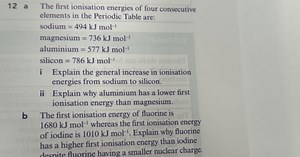 12 a The first ionisation energies of four consecutive elements... | Filo