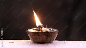 Earthen oil lamp lit at night in a temple in Kerala, India