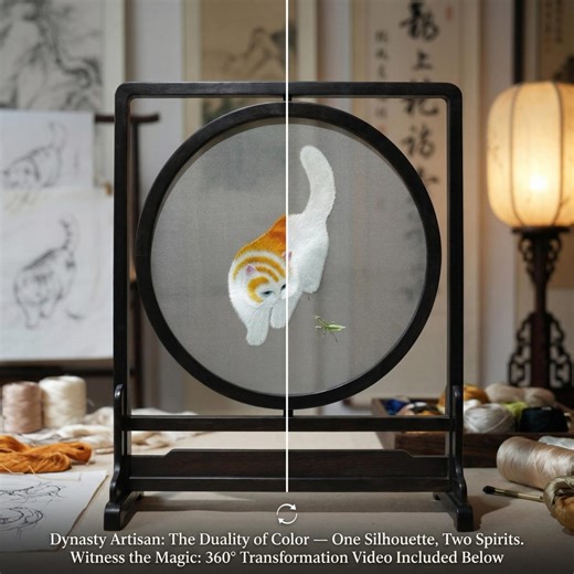 Double Sided Suzhou Embroidery Golden Silver Chinchilla Cat Silk Art Hand Stitched Ebony Wood Frame Table Stand Home Decor Masterpiece Gift