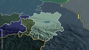 Chechnya - republic of Russia (territory after annexation of Crimea in 2014) with its capital zoomed on the administrative map of the globe. Animation 3D