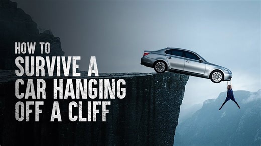 Moments from disaster—car dangling over a cliff