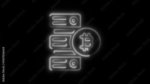 Bitcoin Data Server Outline Icon in HD Video Neon Animation – Cryptocurrency and Blockchain Symbol for Digital Currency, Mining, and Data Storage on Black Background