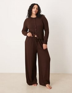 ASOS DESIGN Curve lounge mix & match rib wide leg trouser in chocolate brown | ASOS