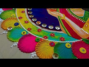 Big Diwali rangoli design using mirror | Girl holding Diya for Diwali Festival