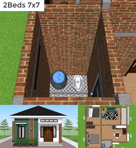 23x23 Simple House Plans 7x7M 2 Beds 1 Bath Houseplans-3d.com #interiør #interiordesign #architecturelovers #architectural #architect #architecture #housedecor #housedesign #tinyhomedesign #tinyhome #Homeplan | Just 4you