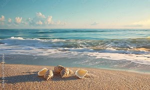 three seashells on a sandy beach near the ocean
