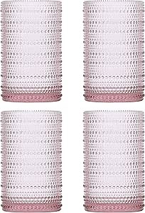 Fortessa Jupiter Beaded Hobnail Glass, 13 Ounce Iced Beverage (Set of 4), Pink
