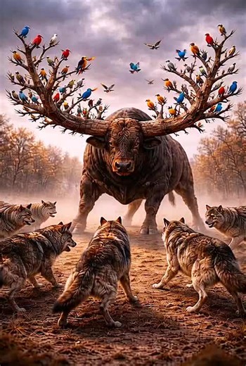 YOU WON’T BELIEVE THIS WILD MOMENT! 🦬🐦😳 A giant beast with tree-like horns… dozens of colorful birds perched on every branch while wolves watch from a distance. Nature can be unbelievable. #reels #viralreels #animalworld #wildlifevideo #natureamazing