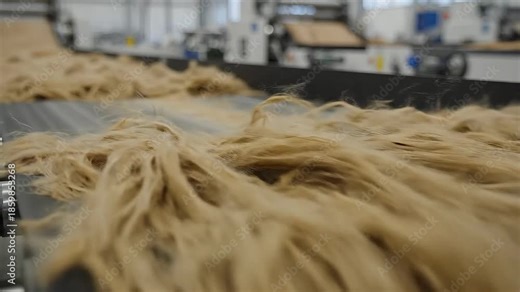 Closeup view of natural plant fibers moving along a conveyor belt in a modern industrial factory highlighting the raw material processing stage for sustainable product manufacturing and textile produ.
