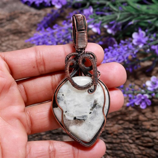 Rainbow Moonstone Pendant Necklace, Handmade Copper Wire Wrapped White Crystal, Healing Stone Jewelry Gift for Her, Gift for Love - Etsy