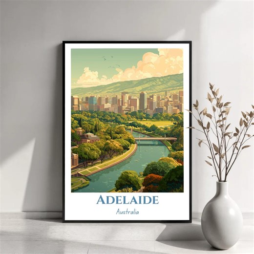Adelaide Wall Art | Australia Travel Poster | Illustrated City View, Water & Skyline | Adelaide Print | Australian Travel Art - Etsy