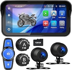 Tenbaba 6.25" Motorcycle CarPlay& Android Auto, Motorcycle Dash Cam, Motorbike TPMS, Motorbike GPS Navigation System, IP67 Waterproof, Remote Control, Support Siri, Free 128G SD Card Loop Recording