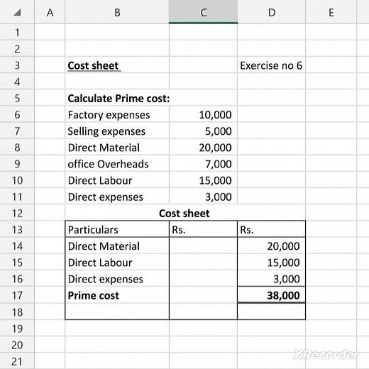 Calculate a Prime cost | Cost sheet | Exercise no 6