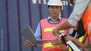 Engineer Teachers teaching a girl about robot hand In Science Robotics Or Engineering Class. Factory workers check and inspect robotic arm of future biomimetic anthropomorphic robotic technology.
