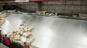 Parcels Are Moving On Belt Conveyor At Post Sorting Warehouse Office, Distribution Facility Workers Distribute Packages For Shipping In The Logistics Center